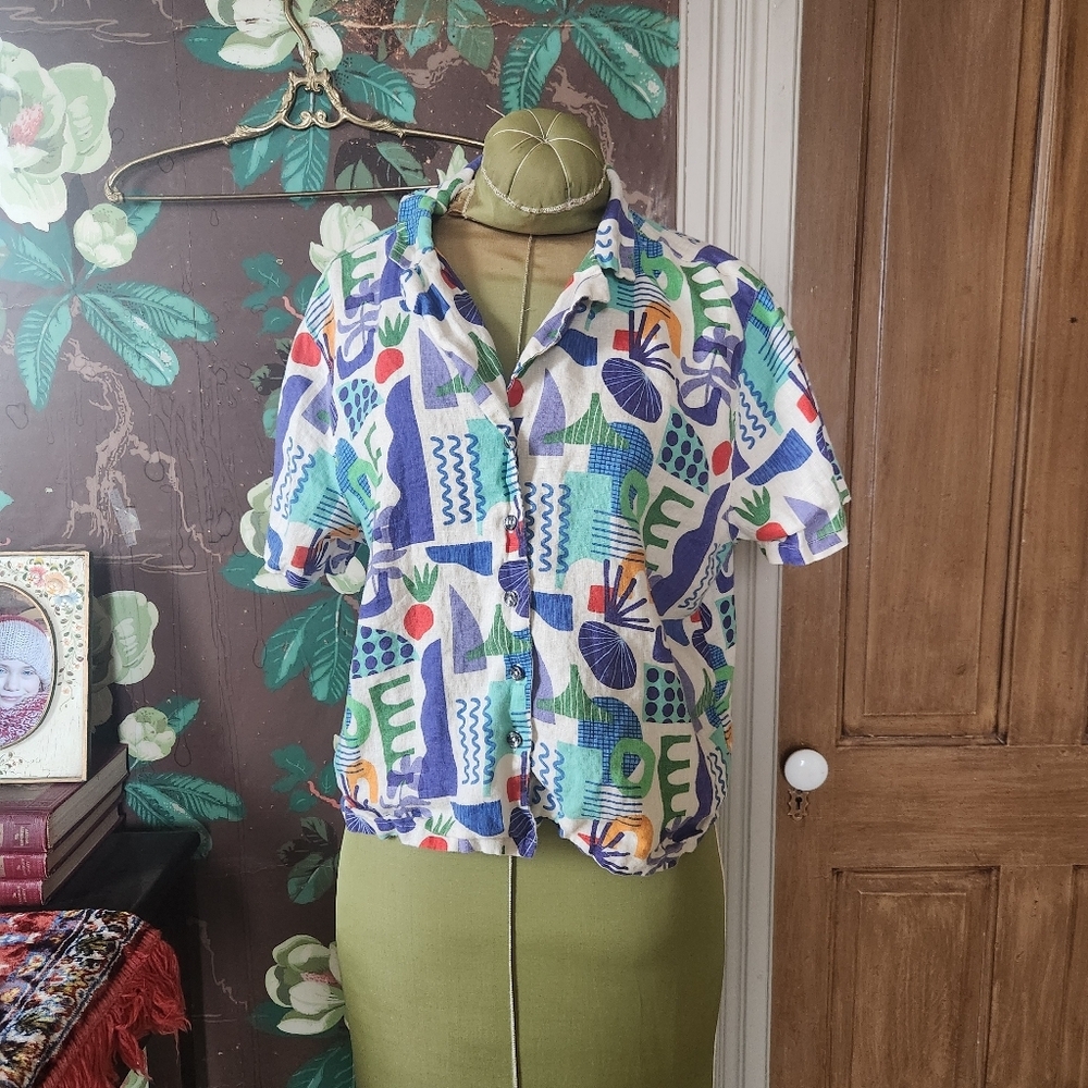 Artonomo Creatives 100% Linen Abstract Print Boxy Button Shirt Top Women M